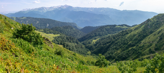 Naklejka premium The view from the height of a green mountain valley with residential buildings surrounded by high mountains. Snow-capped mountain peaks on the horizon. Krasnaya Polyana, Sochi, Caucasus, Russia.