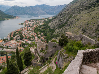 Fortification walls of stone leading up the mountain above Kotor