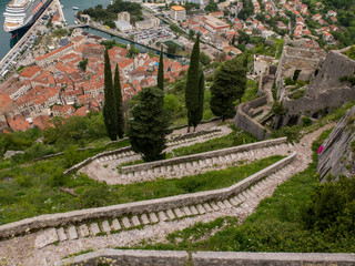 Stone path of stairs leading up the fortifications above Kotor, Montenegro