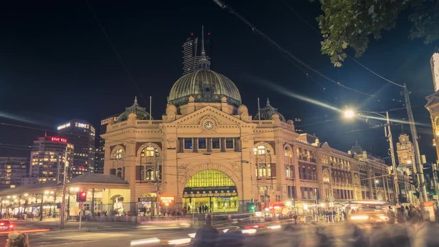 Timelapse Of Nightlife In Melbourne In Front Of Flinders Street Station, Major Tourist Attraction In Australia.