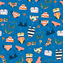 Various swimsuits. Hand drawn colored vector seamless pattern. Blue background