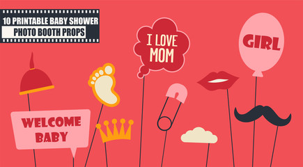 Baby girl shower party photo booth props vector elements. © kora_ra_123