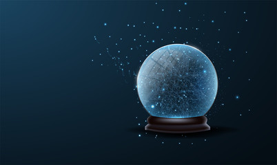 Christmas tree ball decoration low poly. Christmas snow globe isolated on blue background.