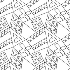 Seamless vector pattern, black and white lined asymmetric geometric background with rhombus, triangles. Print for decor, wallpaper, packaging, wrapping, fabric. Triangular graphic design. Line drawing