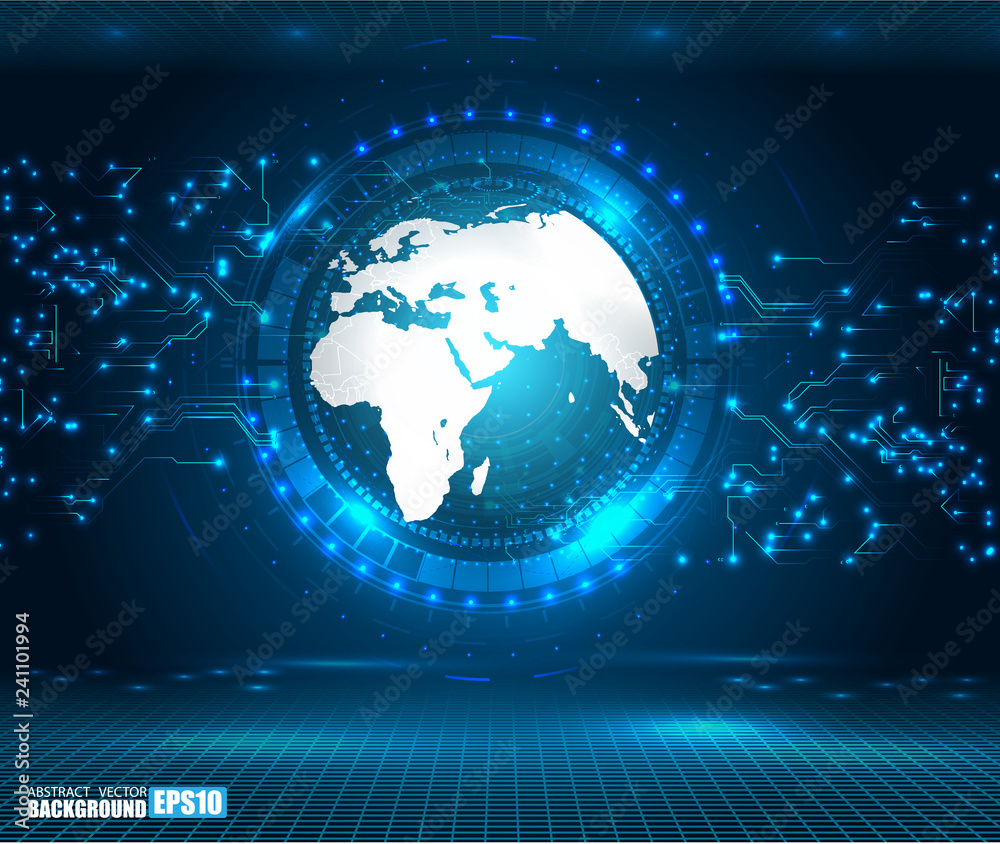 Poster hologram planet earth in window virtual touchscreen user interface. futuristic planet on target scre