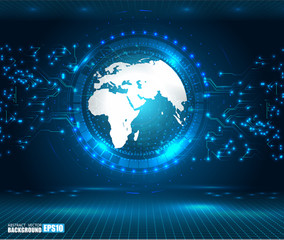 Hologram planet Earth in window virtual touchscreen user interface. Futuristic planet on target screen