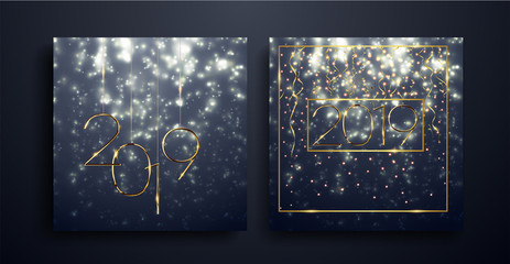 Fototapeta na wymiar Christmas and New Year posters set. Happy New Year 2019 winter holiday greeting card design template. Party poster, banner or invitation gold glittering stars confetti glitter decoration.