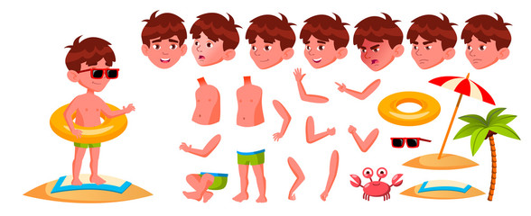 Boy Kindergarten Kid Vector. Animation Set. Emotions, Gestures. Summer Recreation. Vacation, Fun, Water Park, Beach,. For Web, Brochure, Poster Design. Animated. Isolated Cartoon Illustration