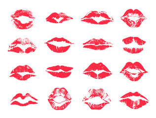 Red female lips print, lipstick mark set