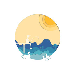 Paper cut Angler, river, sunshine, fish and duck shadow blue