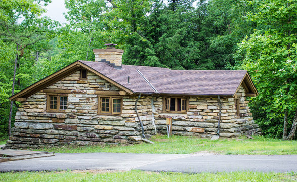 Historic Stone Lodge. Historic stone lodge built by the CCC in the 1930's at Pickett State Park in Jamestown, Tennessee. The cottages and cabins now serve the state park as rentals for visitors.