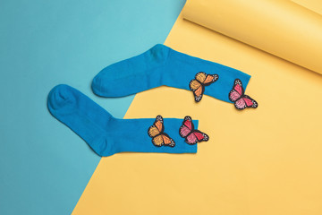 top view colored socks concept flat lay