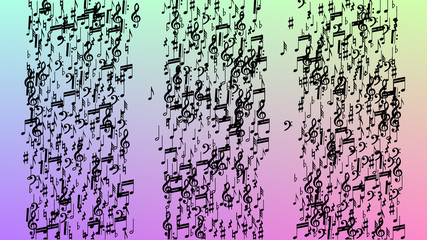Disco Background. Many Random Falling Notes, Bass and, Treble Clef. Black Musical Notes Symbol Falling on Hologram Background. Disco Vector Template with Musical Symbols.