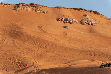 Big Red and Pink Rock, Sharjah, United Arab Emirates, December 28, 2018, Off-roading is one of the most attraction in United Arab Emirates and this area is one of the most visited place by off-roaders