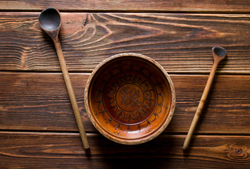 Traditional wooden plate and spoon.