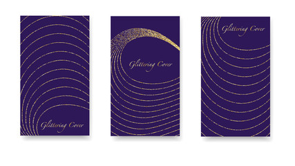 Shiny festive gold backgrounds. Set of violet gold covers, templates, printing elements, cards. Round glittering confetti, festive tinsel, magic design for polygraphy. Glowing Vector Cover.