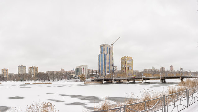 Panorama of the frozen river of Kalmius in Donetsk