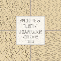 Symbol of the seas and oceans for ancient geographical maps. Vector seamless pattern