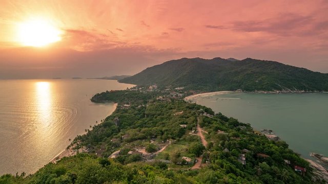 Panoramic aerial view of Haad Rin Beach in Koh Phangan island, Thailand in a summer day. Timelapse 4K