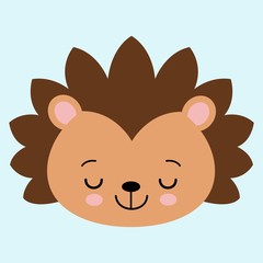 Cute flat sleeping hedgehog with blush. Childish illustration. Vector animal on blue background.