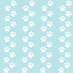 Naklejka na ściany i meble Traces of cat textile pattern. Vector seamless paw print seamless pattern. blue background for packing design