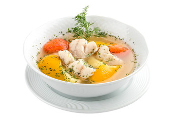 Fish soup with bell peppers and tomatoes. On a white background