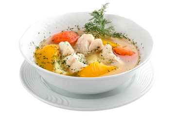 Fish soup with bell peppers and tomatoes. On a white background