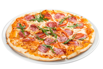 Pizza with salami and bell peppers. On a white background