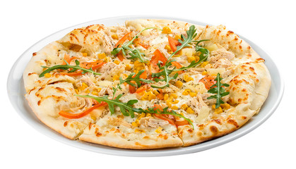 Pizza with chicken and pineapple. On a white background