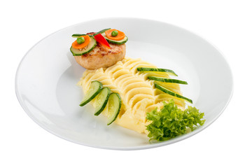 Children's menu. Turkey cutlet with mashed potatoes. In the form of an owl. On a white background