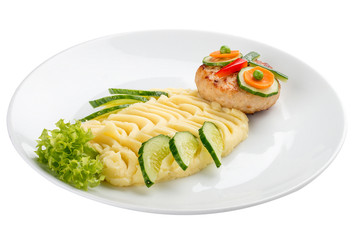 Children's menu. Turkey cutlet with mashed potatoes. In the form of an owl. On a white background