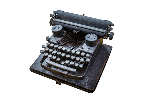old vintage dust-covered typewriter with sheet of paper isolated on white background