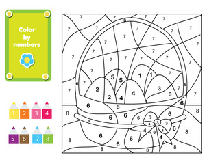 Coloring page for kids. Educational children game. Color by numbers. Easter Eggs