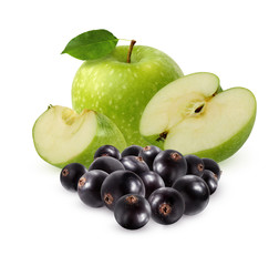 Black currant and green Apple isolated on white background.