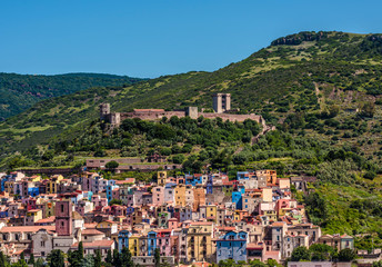 Fototapeta premium Panorama of scenic Bosa village and fortress, Sardinia, Italy