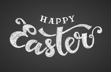 Happy Easter. Hand drawn chalk lettering on black chalkboard