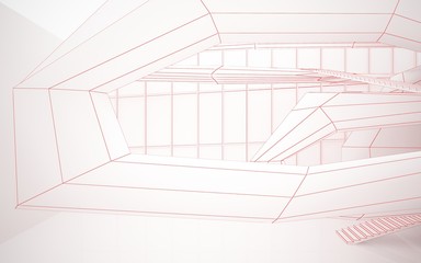 Abstract drawing white interior multilevel public space with window. 3D illustration and rendering.