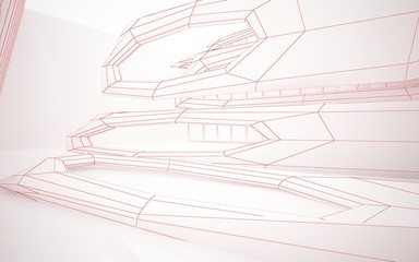 Abstract drawing white interior multilevel public space with window. 3D illustration and rendering.