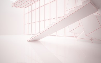 Abstract drawing white interior multilevel public space with window. 3D illustration and rendering.