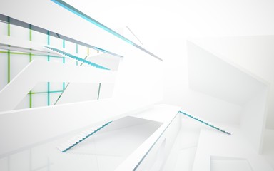 Abstract white and colored gradient glasses interior multilevel public space with window. 3D illustration and rendering.