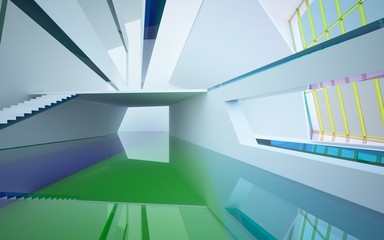 Obraz premium Abstract white and colored gradient glasses interior multilevel public space with window. 3D illustration and rendering.