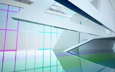 Obraz premium Abstract white and colored gradient glasses interior multilevel public space with window. 3D illustration and rendering.