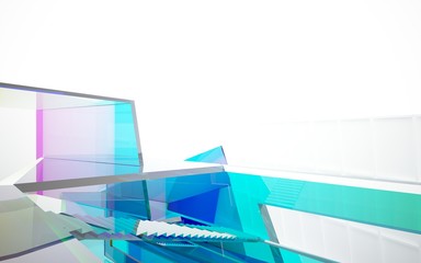 Abstract white and colored gradient glasses interior multilevel public space with window. 3D illustration and rendering.