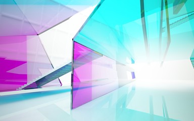 Abstract white and colored gradient glasses interior multilevel public space with window. 3D illustration and rendering.