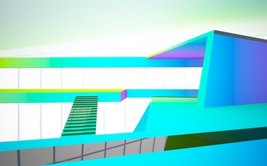 Abstract white and colored gradient  interior multilevel public space with window. 3D illustration and rendering.