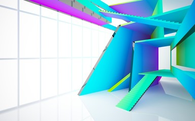 Abstract white and colored gradient  interior multilevel public space with window. 3D illustration and rendering.