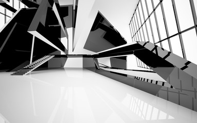 Abstract white and black interior multilevel public space with window. 3D illustration and rendering.