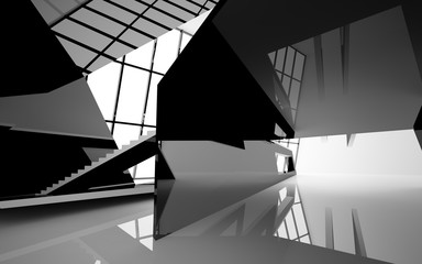 Abstract white and black interior multilevel public space with window. 3D illustration and rendering.