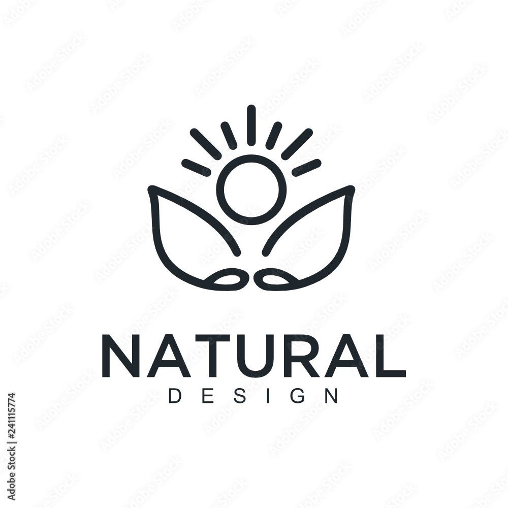 Poster Vector logo of nature in linear style. Outline icon of simple landscape with trees, sun, fields - business emblems, badge for a travel, farming and ecology concepts, health, spa and yoga Center. - Vec