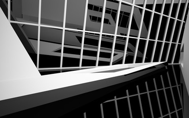 Abstract white and black interior multilevel public space with window. 3D illustration and rendering.